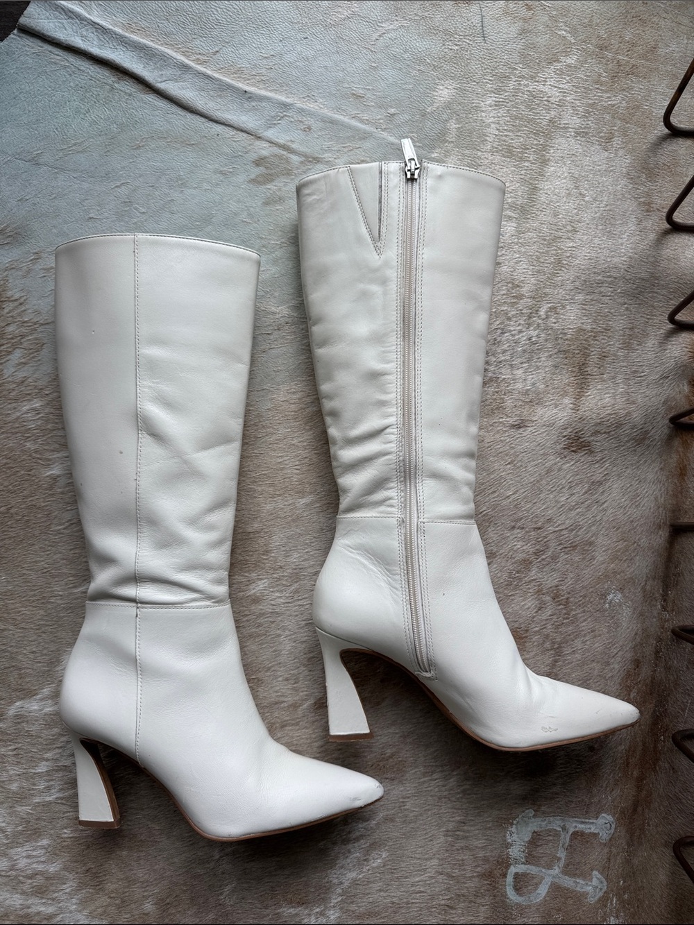 Women's White Tall Leather Boots with Side Zip